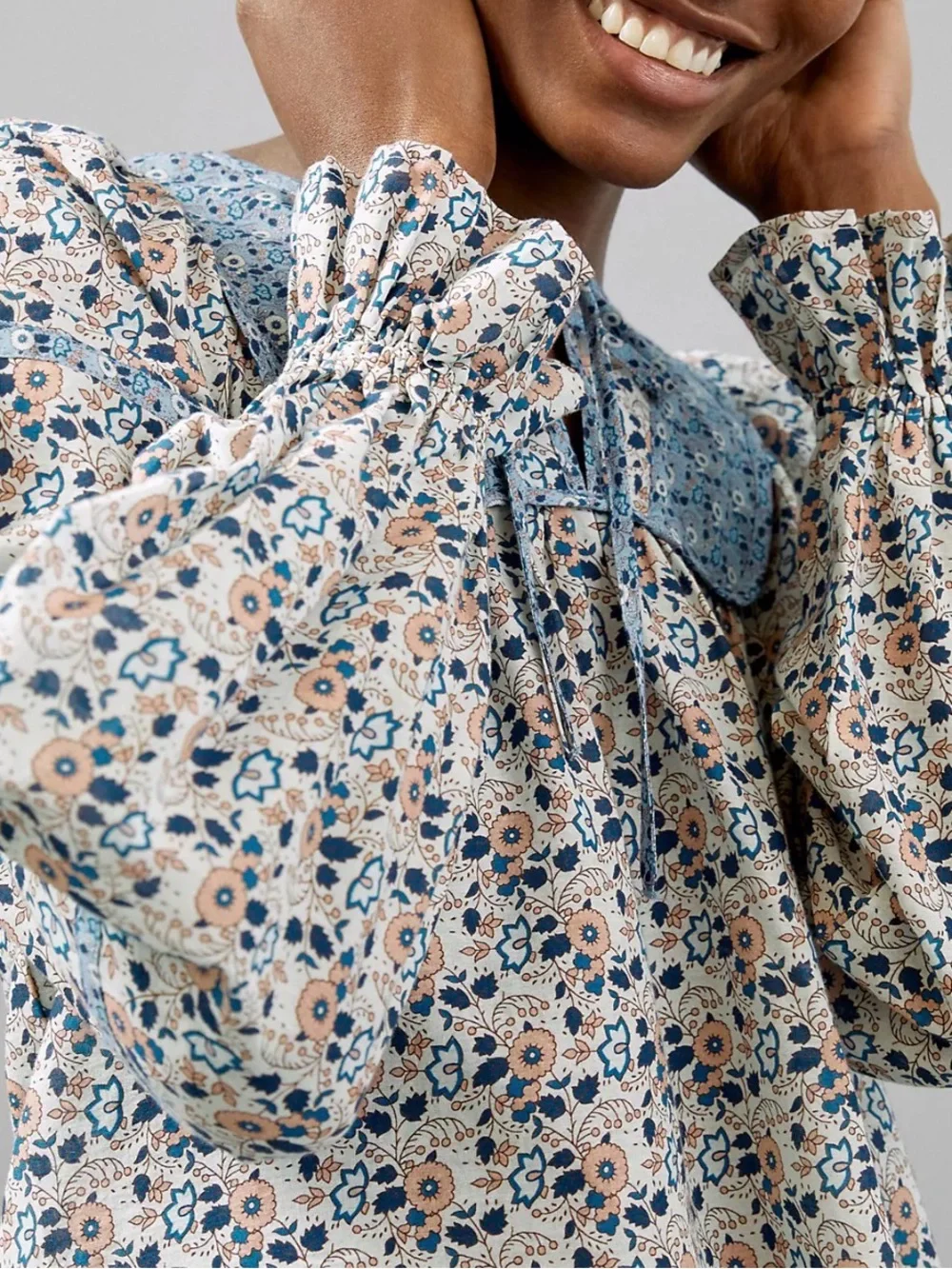 Othilia Laura Peasant Blouse Anthropologie Floral Blue Print Puff Sleeve NWOT S